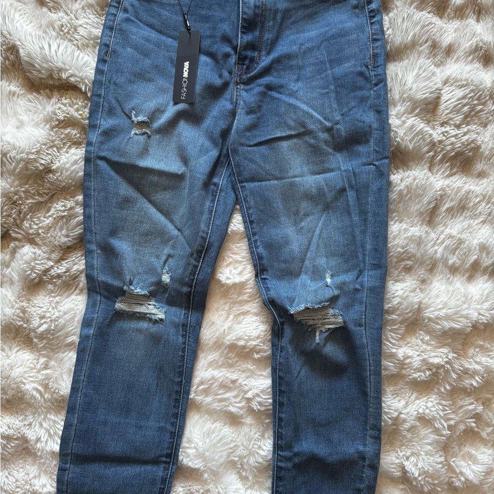 Fashion Nova Blue Skinny Jeans with Distressed Details